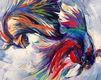 IMPRESIÓN ARTÍSTICA Danza de una vida / Lienzo / Papel / Arte mural de pez Betta, Póster acuático, Pintura de pez luchador siamés, Decoración colorida para el hogar