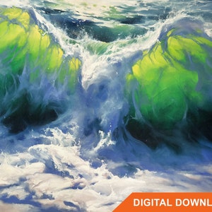 Puede incluir: Pintura al óleo de una ola rompiendo, con una cresta iluminada en vibrantes tonos verdes y amarillos, contrastando con los azules profundos y blancos del agua y la espuma. La obra está firmada e incluye el texto "DIGITAL DOWNLOAD".