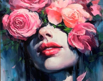 PURITY OF THOUGHT Print | Surreal Portrait Poster, Surreal Painting, Roses Artwork, Roses Portrait Art, Surrealism Canvas