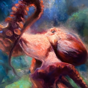 ART PRINT Questioning | Canvas | Paper | Underwater Octopus Wall Art, Coastal Wildlife Animals Poster, Nautical Painting, Beach Home Decor