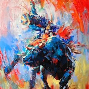 ART PRINT Power | Canvas | Paper | Bull Riding Wall Art, Western Stampede Painting, Colorful Cowboy Poster, Rustic Farmhouse Home Decor