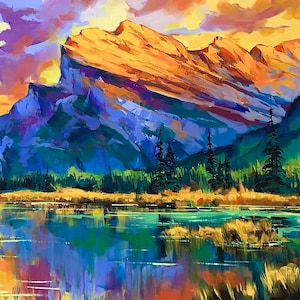 May include: A painting of a mountain range with a lake in the foreground. The mountains are a vibrant purple and blue, with a golden glow at the top. The lake is a deep blue with reflections of the mountains and sky. The sky is a mix of purple, orange, and yellow.