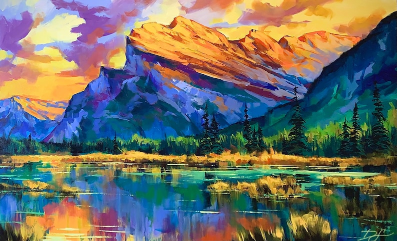May include: A painting of a mountain range with a lake in the foreground. The mountains are a vibrant purple and blue, with a golden glow at the top. The lake is a deep blue with reflections of the mountains and sky. The sky is a mix of purple, orange, and yellow.