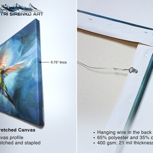 May include: Stretched canvas print of a hummingbird in flight with a blue background. The canvas is 0.75 inches thick and has a hanging wire on the back.