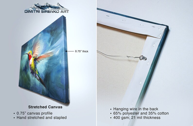 May include: Stretched canvas print of a hummingbird in flight with a blue background. The canvas is 0.75 inches thick and has a hanging wire on the back.