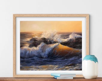 GOUDEN HORIZON print, zeegezicht kunst canvas, zeegezicht artwork, zeegezicht print, golven poster, decor zeegezicht, zeegezicht Home decor, golven print kunst aan de muur