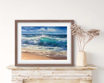 May include: A framed painting depicting a crashing ocean wave with blue and green hues. The wave is breaking on a sandy beach with a blue sky and white clouds in the background.