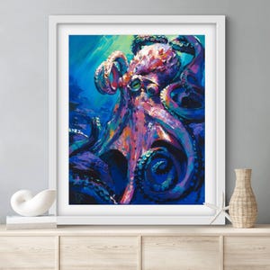 ART PRINT King Octopus | Canvas | Paper | Coastal Wildlife Wall Art, Colorful Deep Ocean Sea Life Painting, Nautical Whimsical Home Decor