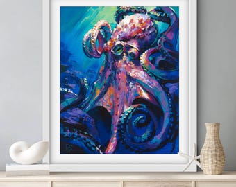 ART PRINT King Octopus | Canvas | Paper | Coastal Wildlife Wall Art, Colorful Deep Ocean Sea Life Painting, Nautical Whimsical Home Decor