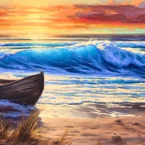 May include: A wooden rowboat sits on a sandy beach with waves crashing in the background. The sky is a vibrant orange and pink sunset.