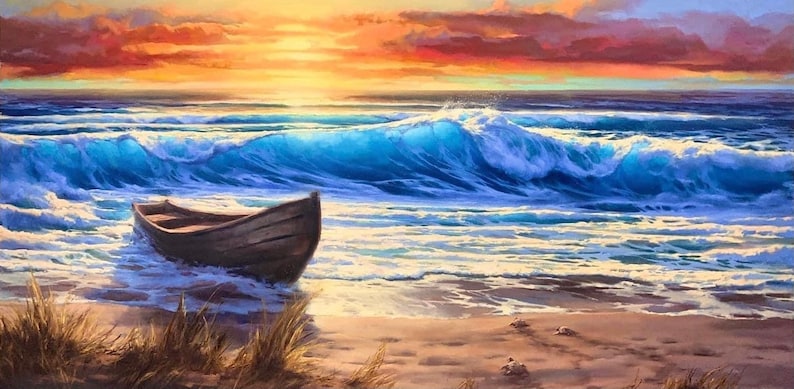 May include: A wooden rowboat sits on a sandy beach with waves crashing in the background. The sky is a vibrant orange and pink sunset.