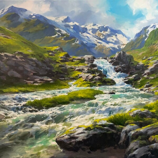 ORIGINAL PAINTING -"Skyfall” 24x36", landscape Artwork, Landscape Canvas, Landscape Wall Art, mountain Living Room Art, mountains Art