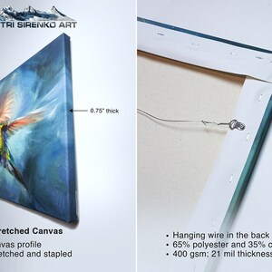 May include: Stretched canvas print of a hummingbird in flight with a blue, green, yellow, and red color scheme. The canvas is 0.75 inches thick and has a hanging wire on the back.