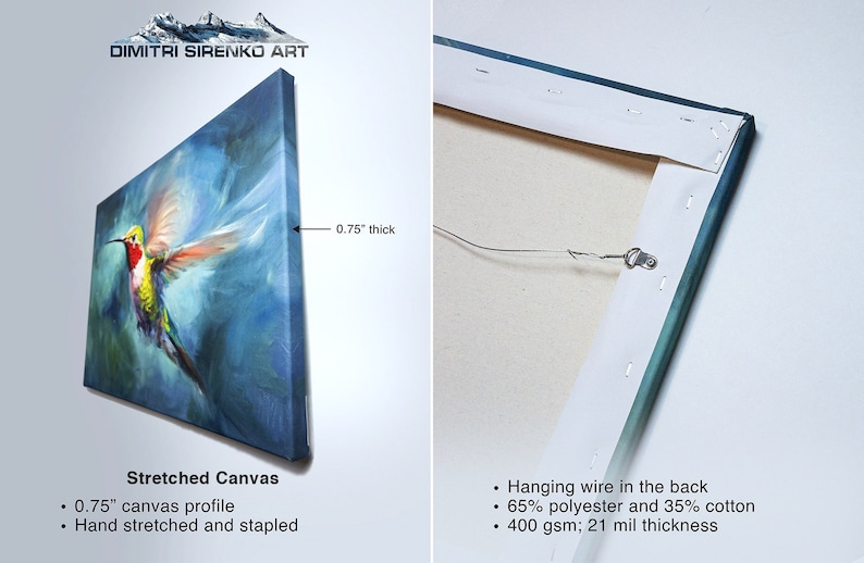 May include: Stretched canvas print of a hummingbird in flight with a blue, green, yellow, and red color scheme. The canvas is 0.75 inches thick and has a hanging wire on the back.