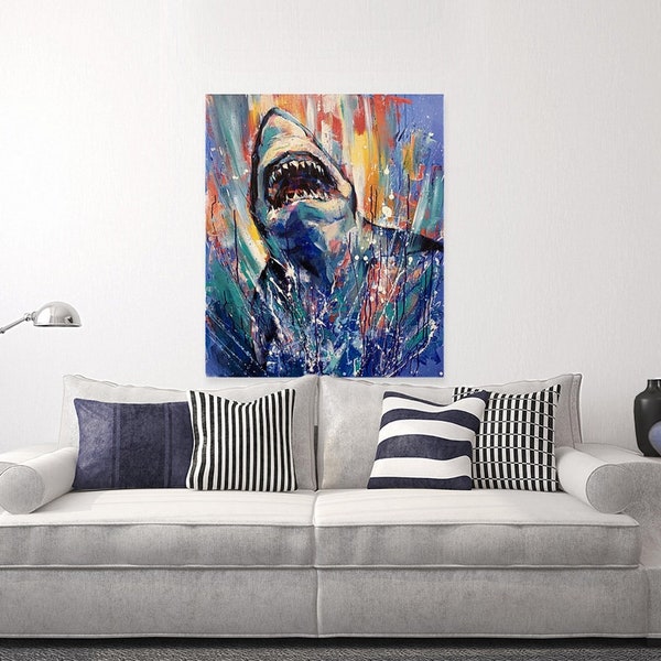 ORIGINAL PAINTING - "Shark Splash" 30x36" Acrylic on Canvas, Shark Bathroom Decor, Colorful Shark Vibrant Artwork, Shark Gifts, Shark Art