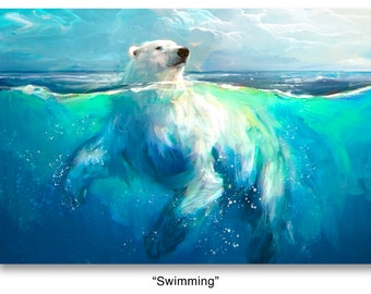 SWIMMING PRINT Print | Polar Bear Poster, Bear Portrait, North Pole Bear, Nature and Animals, Mother and Child