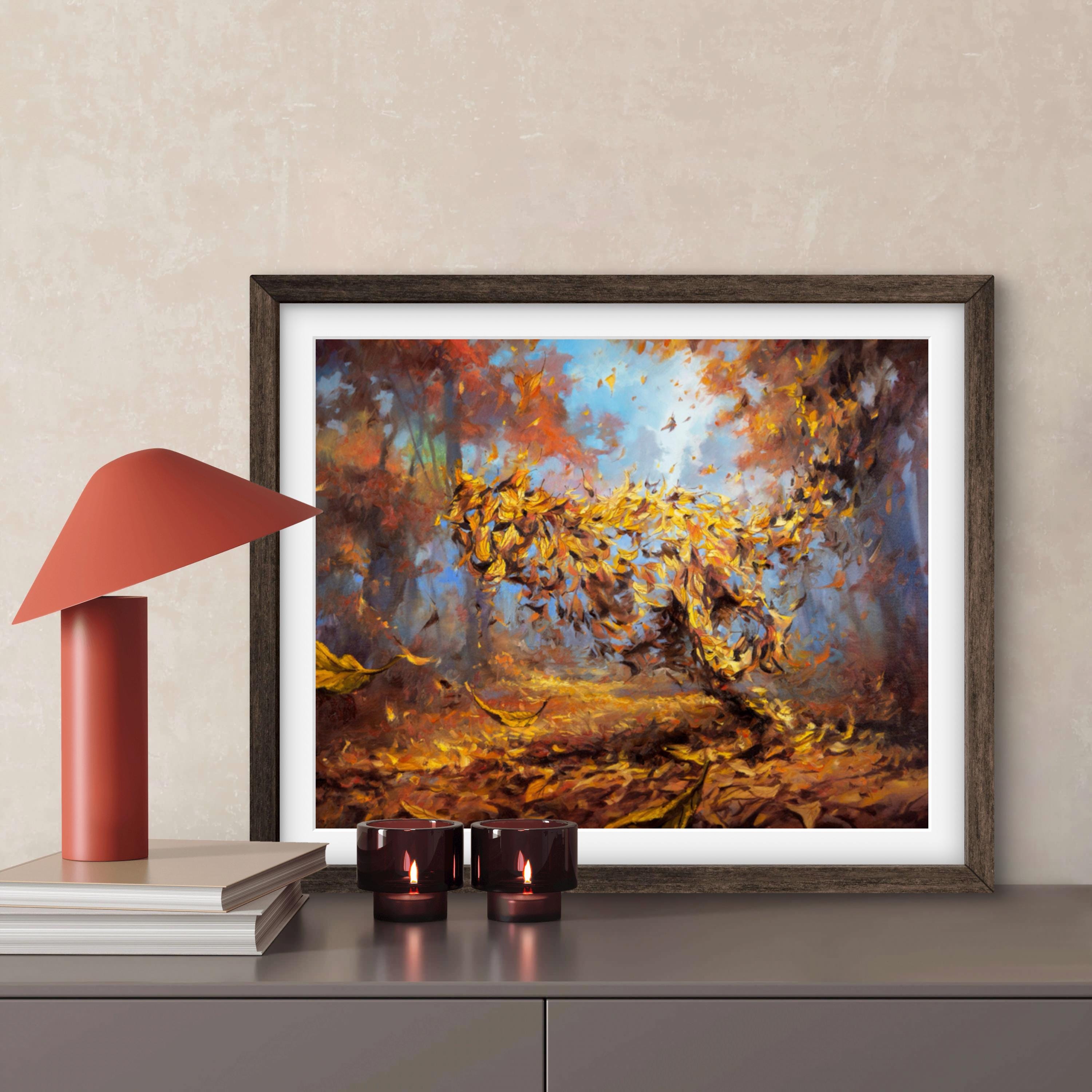 ART PRINT The Rebirth | Canvas | Paper | Cheetah Wall Art, Autumn Fall Leaves Forest Poster, Leopard Painting, Landscape Home Decor