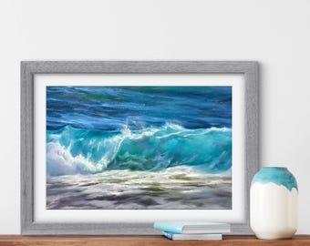 May include: A framed painting depicting a crashing ocean wave in shades of blue and green. The wave is breaking on a sandy beach with white foam.