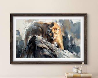 ART PRINT Instinct Of A Hunter | Canvas | Paper | Cougar Wall Art, Mountain Lion Poster, Puma Predator Painting, Wildlife Wall Decor