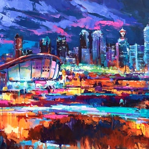 ART PRINT Saddledome | Canvas | Paper | Calgary Downtown Skyline Wall Art, Nightscape Poster, Colorful Cityscape Painting, Urban Home Decor