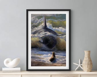 ART PRINT Faith and Fate | Canvas | Paper | Killer Whale Orca Wall Art, Ocean Seascape Poster, Wildlife Painting, Coastal Beach House Decor