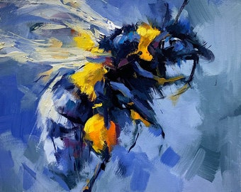 May include: A close-up painting of a bee with yellow and black stripes, blue wings, and a blue background.
