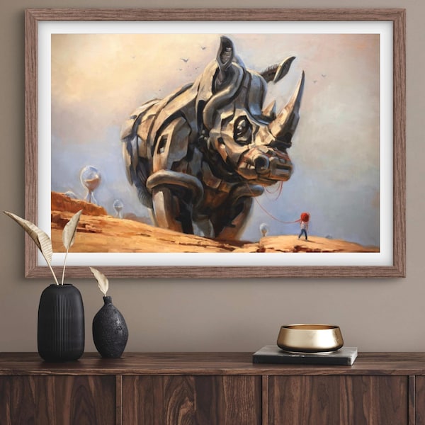 THE FOLLOWING Print, Rhino Poster, Rhino Artwork, Rhino Print, Surrealism Poster, Rhino Decoration, Seascape Canvas, Rhino Decor