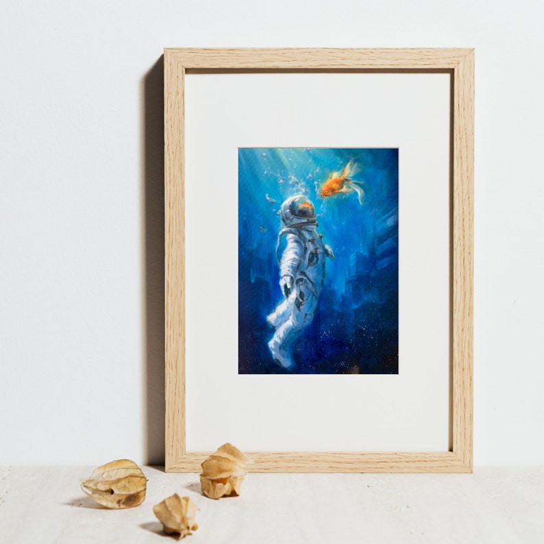 CONVERSATION of the MUTES Print Astronaut Canvas, Underwater Space Artwork, Cosmonaut Acrylic Painting, Space Explorer and Goldfish image 2