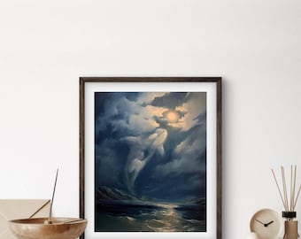 IMPRESIÓN ARTÍSTICA Alcanzando la Luna / Lienzo / Papel / Arte mural de orca, póster de paisaje de nubes, pintura costera, decoración de casa de playa