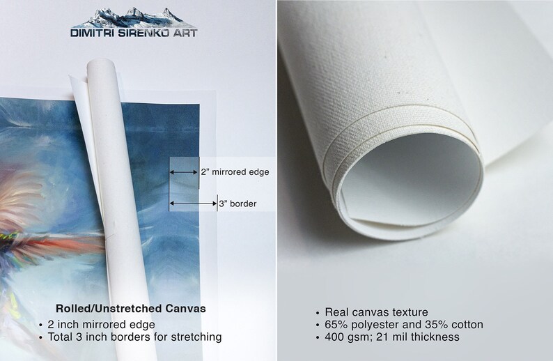 May include: Rolled canvas print with a 2 inch mirrored edge and 3 inch borders for stretching. The canvas is 65% polyester and 35% cotton, with a real canvas texture. It is 400 gsm and 21 mil thick.