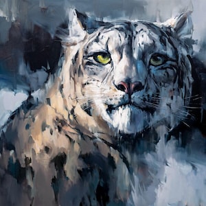 ART PRINT Into the Mind of a Predator | Canvas | Paper | Snow Leopard Wall Art, Big Cat Decor, Himalayan Mountain Wildlife Portrait Painting
