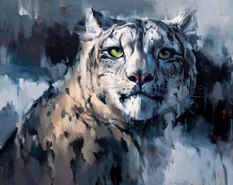 ART PRINT Into the Mind of a Predator | Canvas | Paper | Snow Leopard Wall Art, Big Cat Decor, Himalayan Mountain Wildlife Portrait Painting