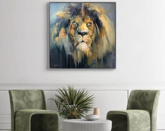 黄金のライオンのオリジナル絵画、動物の王のアートワーク、ライオンの