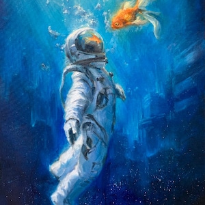 CONVERSATION of the MUTES Print Astronaut Canvas, Underwater Space Artwork, Cosmonaut Acrylic Painting, Space Explorer and Goldfish image 1