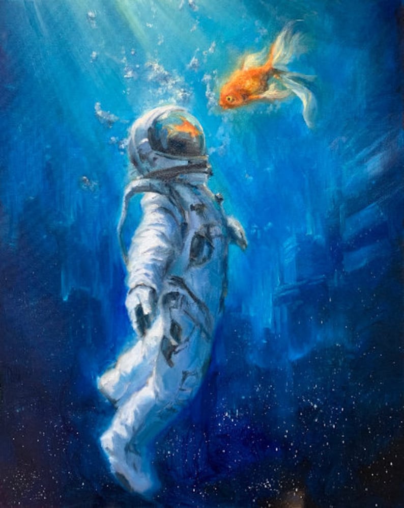 CONVERSATION of the MUTES Print Astronaut Canvas, Underwater Space Artwork, Cosmonaut Acrylic Painting, Space Explorer and Goldfish image 1