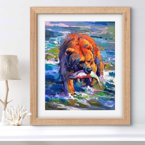 ART PRINT Great Catch | Canvas | Paper | Grizzly Bear Wall Art, Colorful Nature Poster, Rustic Home Decor, Wildlife Animal Painting