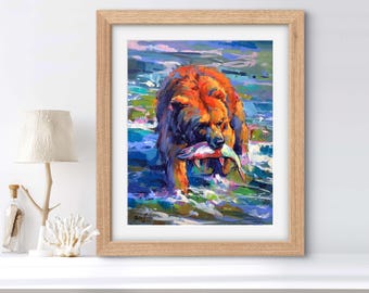 KONSTTRYCK Great Catch | Canvas | Papper | Grizzlybjörnsväggkonst, Färgglad naturposter, Rustik heminredning, Djurmålning