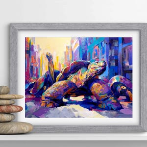 LIMITED EDITION PRINT Rush Hour | Canvas | Paper | Colorful Turtle Wall Art, Wildlife Cityscape Poster, Sealife Painting, Beach House Decor