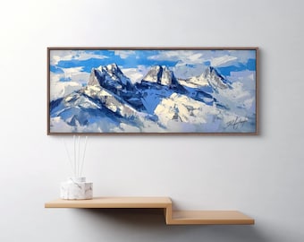 ORIGINAL PAINTING Sisters In The Mist 30x12” Acrylic on Canvas, Landscape Painting, Mountain Wall Art, Mountains Painting, Three Sisters Art