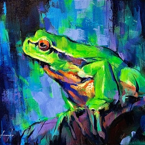 KUNSTPRINT De denker | Canvas | Papier | Kleurrijke groene boomkikker kunst aan de muur, bos dieren in het wild schilderen, badkamer grillige woondecoratie