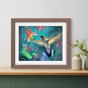 ART PRINT Velvet | Canvas | Paper | Ruby-Throated Hummingbird Wall Art, Wildlife Painting, Floral Nature Poster, Cottagecore Home Decor