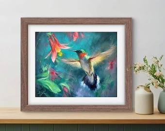 ART PRINT Velvet | Canvas | Paper | Ruby-Throated Hummingbird Wall Art, Wildlife Painting, Floral Nature Poster, Cottagecore Home Decor