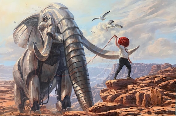 オリジナル油絵 - 「ガイド付き」48x72インチ、シュールレアリズム絵画