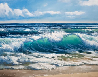 May include: A painting depicting a large ocean wave breaking on a sandy beach. The wave is a vibrant turquoise colour with white foam. The sky is blue with white clouds.