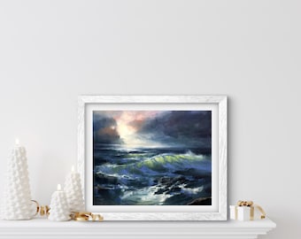 BREAKING THROUGH print, zee canvas, oceaankunstwerk, zeegezicht print, zeegezicht poster, zeegezicht kunst aan de muur, oceaan kantoorkunst, strand badkamer kunst