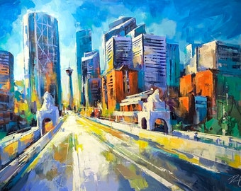 PATH OF SUNLIGHT Print | Cityscape Canvas, Calgary Skyline, Calgary Art, Downtown Decor, Daylight City Art, City Wall Art, Colorful Artwork