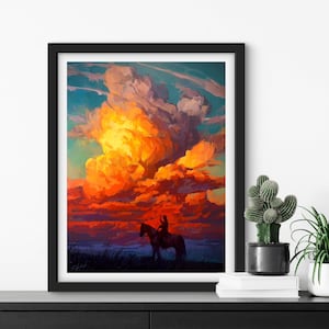 STAMPA ARTISTICA Cieli vividi / Tela / Carta / Poster da cowboy, dipinto da cowgirl, arte murale con cavallo western, decorazioni per la casa con nuvole, paesaggio al tramonto