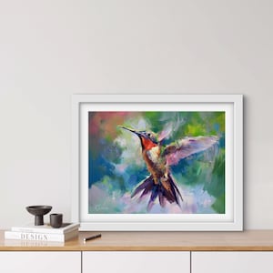 May include: A colorful painting of a hummingbird in flight with its wings spread wide. The hummingbird is painted in shades of red, green, blue, and purple against a background of green and blue.