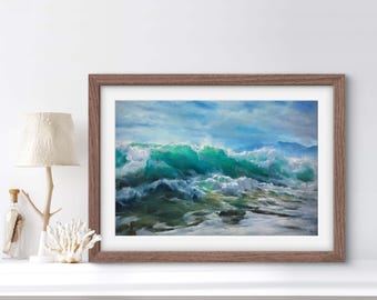 May include: A framed painting depicting a seascape with large, crashing waves in shades of blue and green. The waves are breaking against a rocky shore, and the sky is a light blue with white clouds.