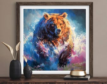 KONSTTRYCK Kraftfull allierad | Canvas | Papper | Grizzlybjörnsaffisch, Färgglad vattenvildsmålning, Bondgårdsinredning, Skogsmarksaffisch